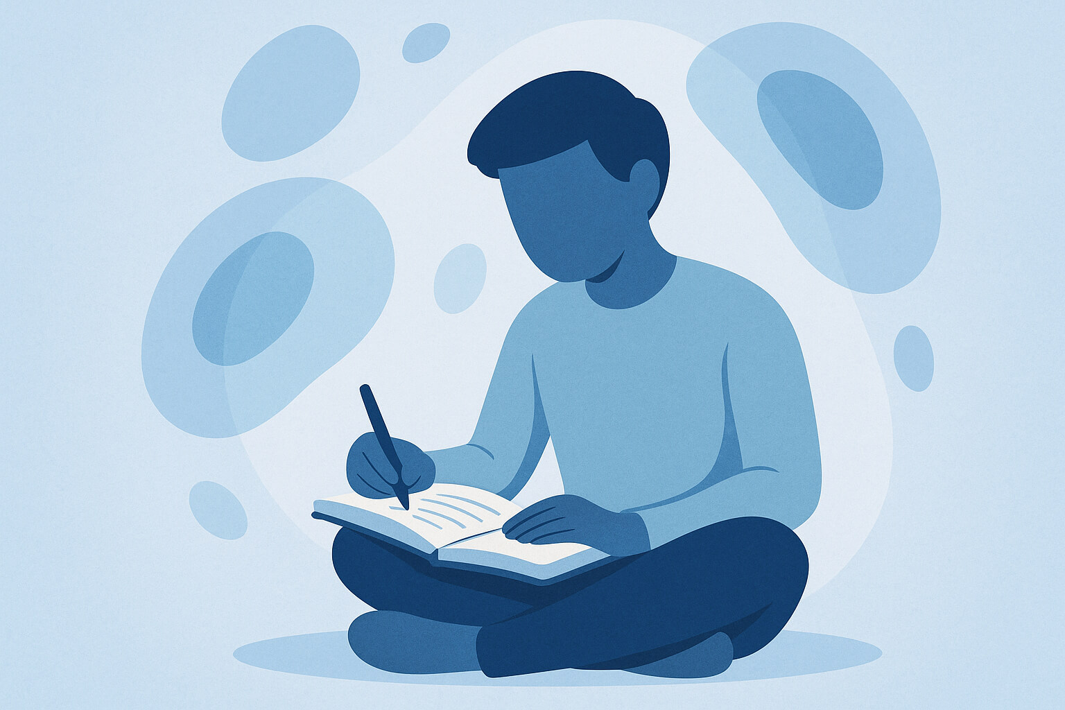 床に座りノートに向き合う人物が、心の中のもやもやを整理しているイラスト。退職を考える際の自己分析を表現。
