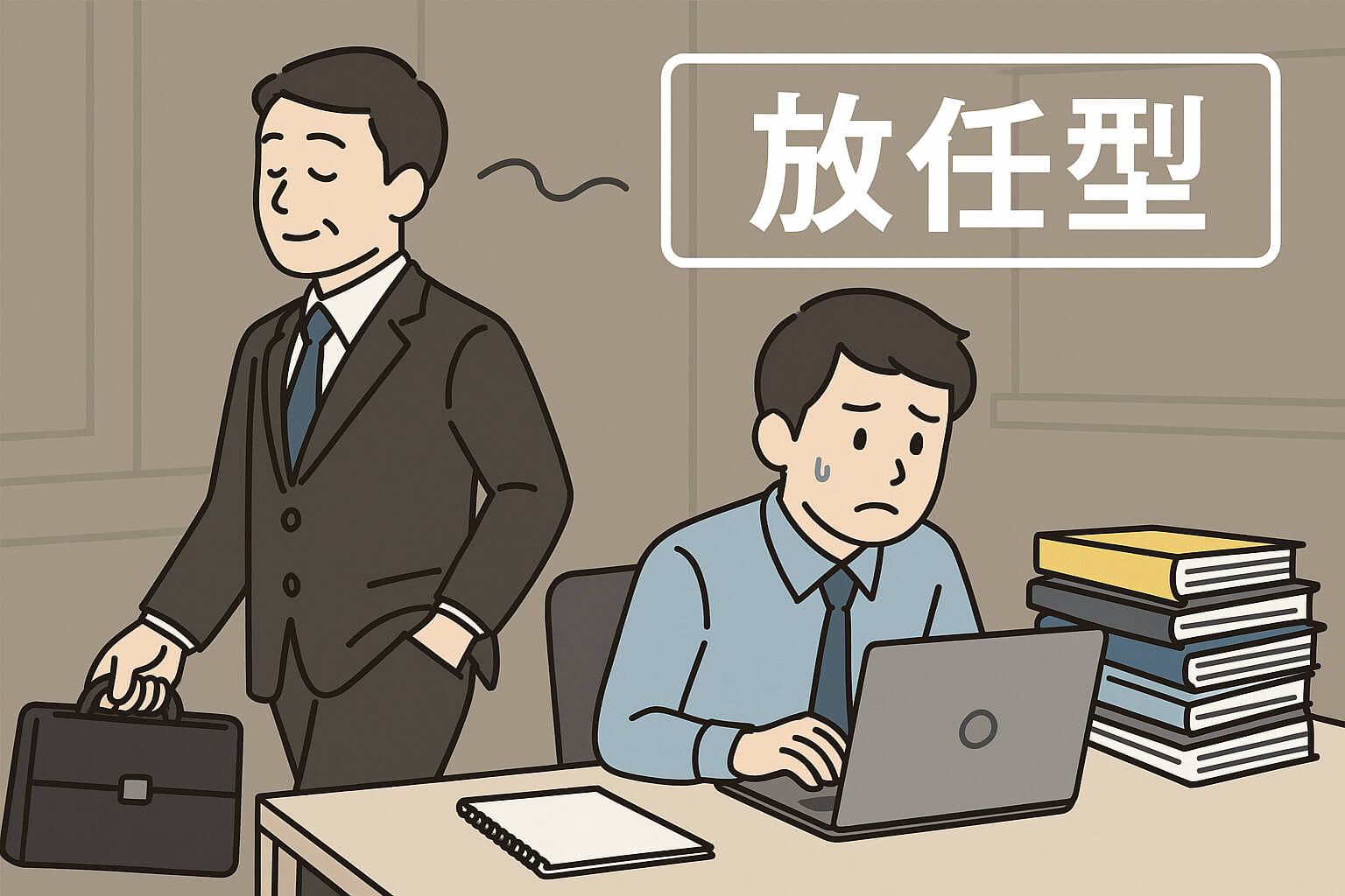 指導をせず部下にすべて丸投げする放任型の上司と困惑する新入社員のイラスト