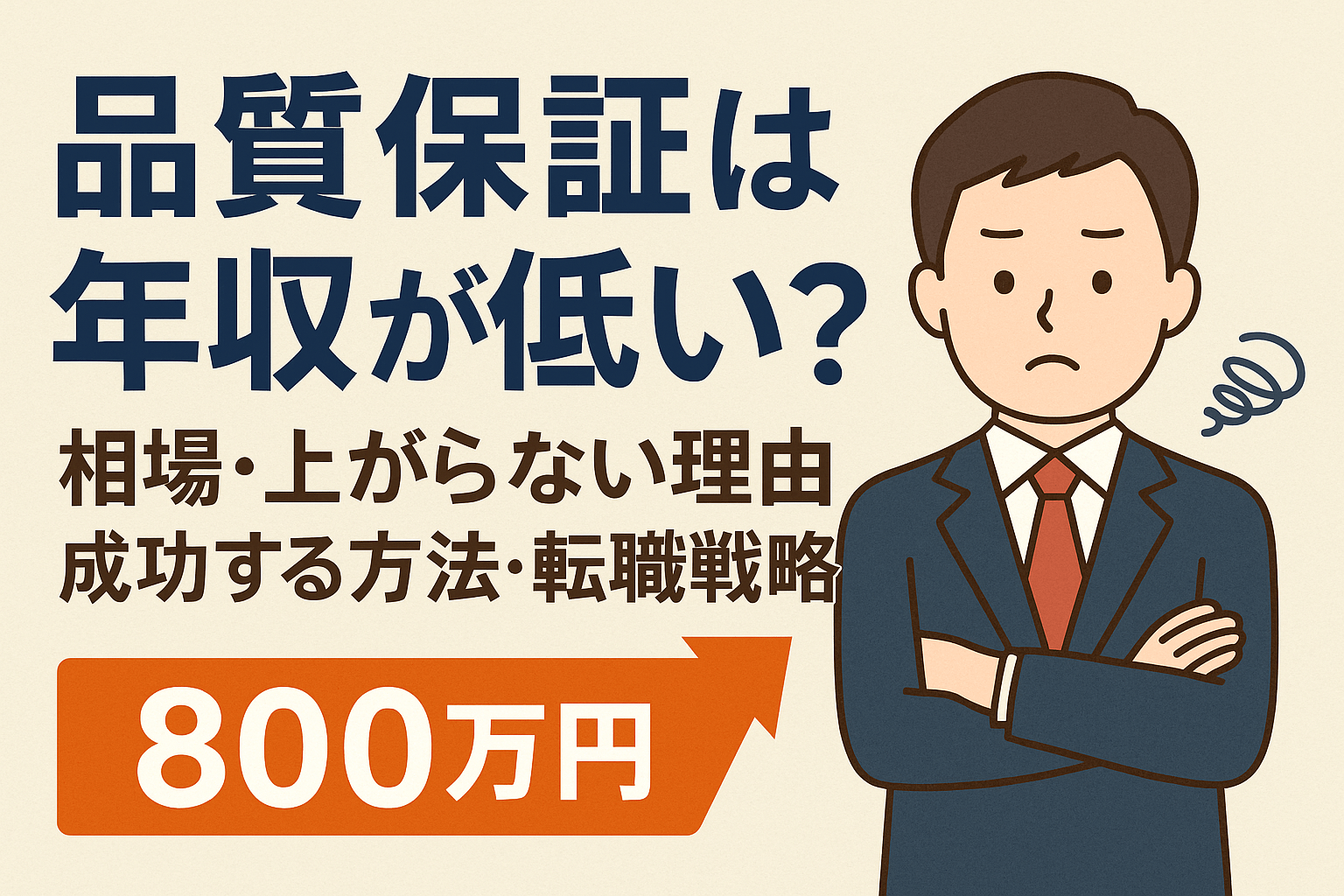 品質保証の年収は本当に低いのかを解説するイラスト。年収800万円を示す矢印と悩むスーツ姿の男性が描かれている